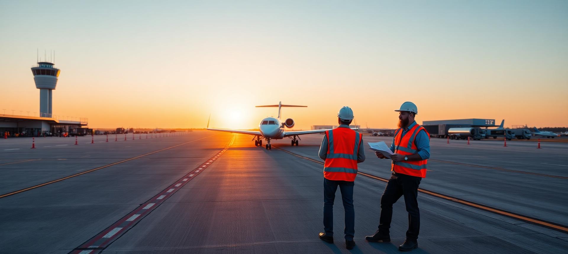 Pista de aeropuerto con avión en rodaje, torre de control y terminal al fondo con equipo de ingeniería revisando planos