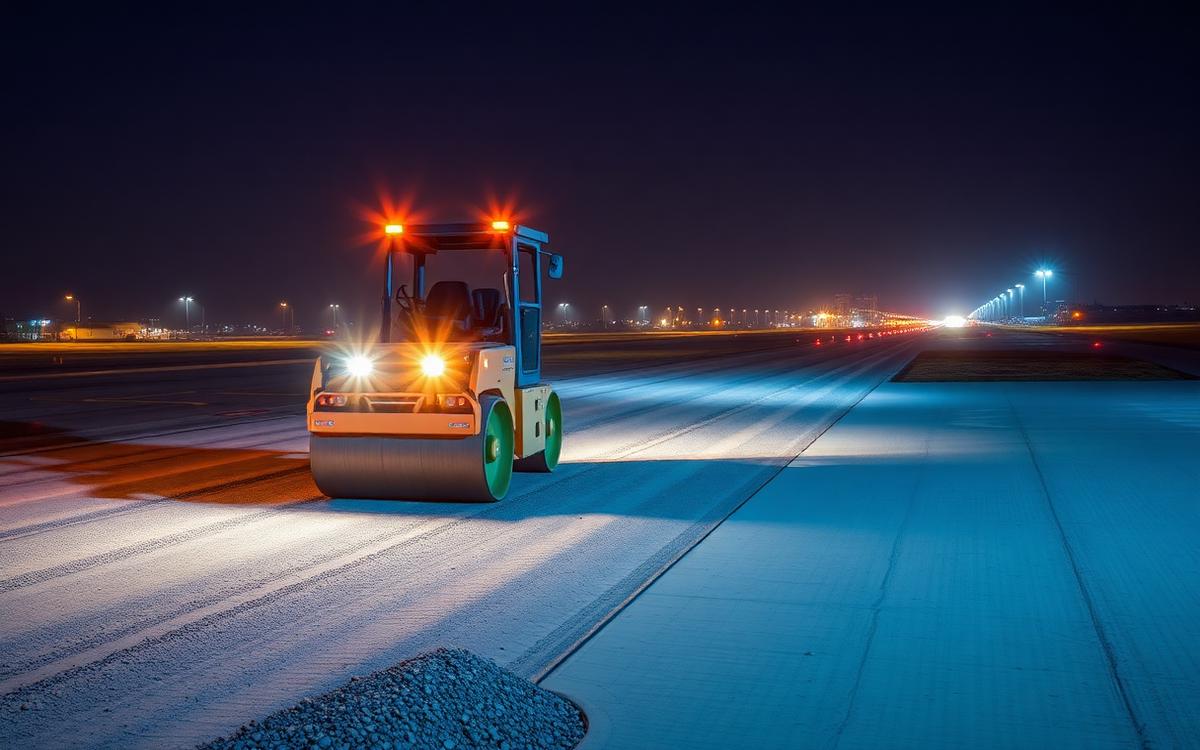Construcción de pista de aeropuerto con maquinaria de compactación y ensayos de terreno