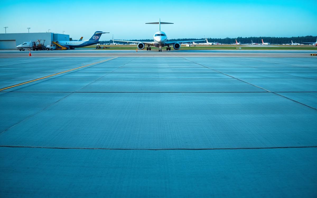 Losas de hormigón de plataforma aeroportuaria recién construidas con juntas selladas