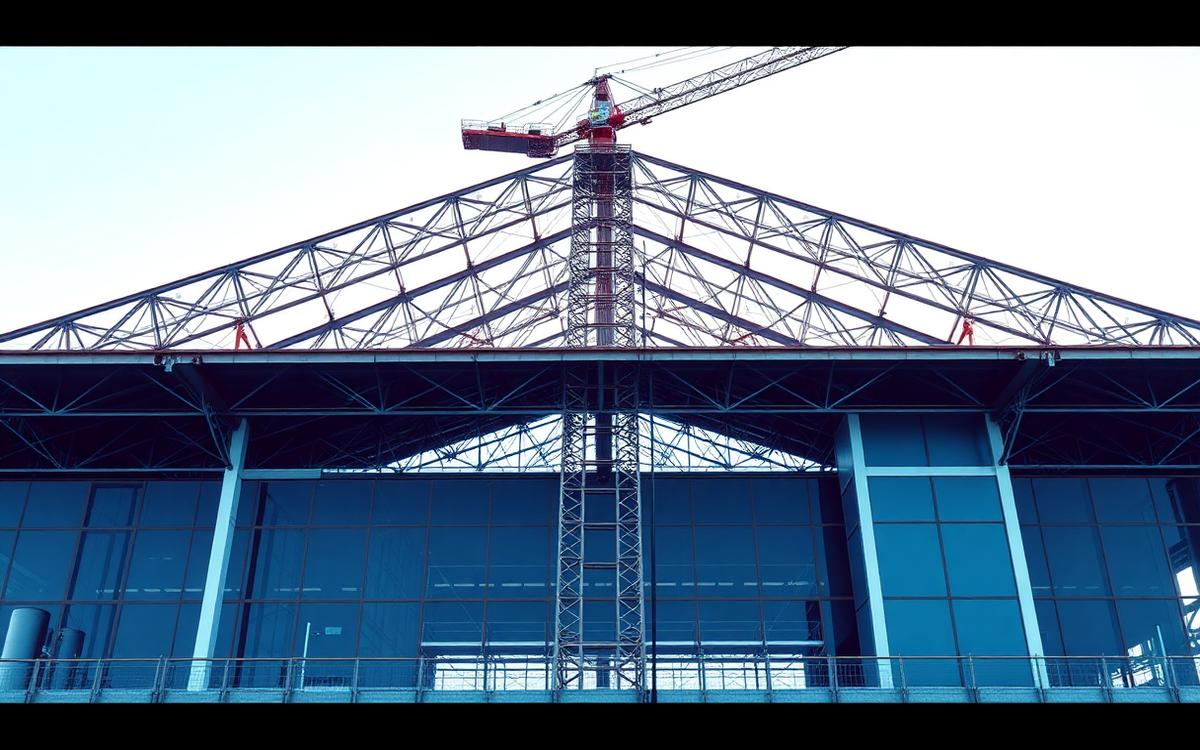Estructura de terminal aeroportuario en construcción con marcos de acero y grúa