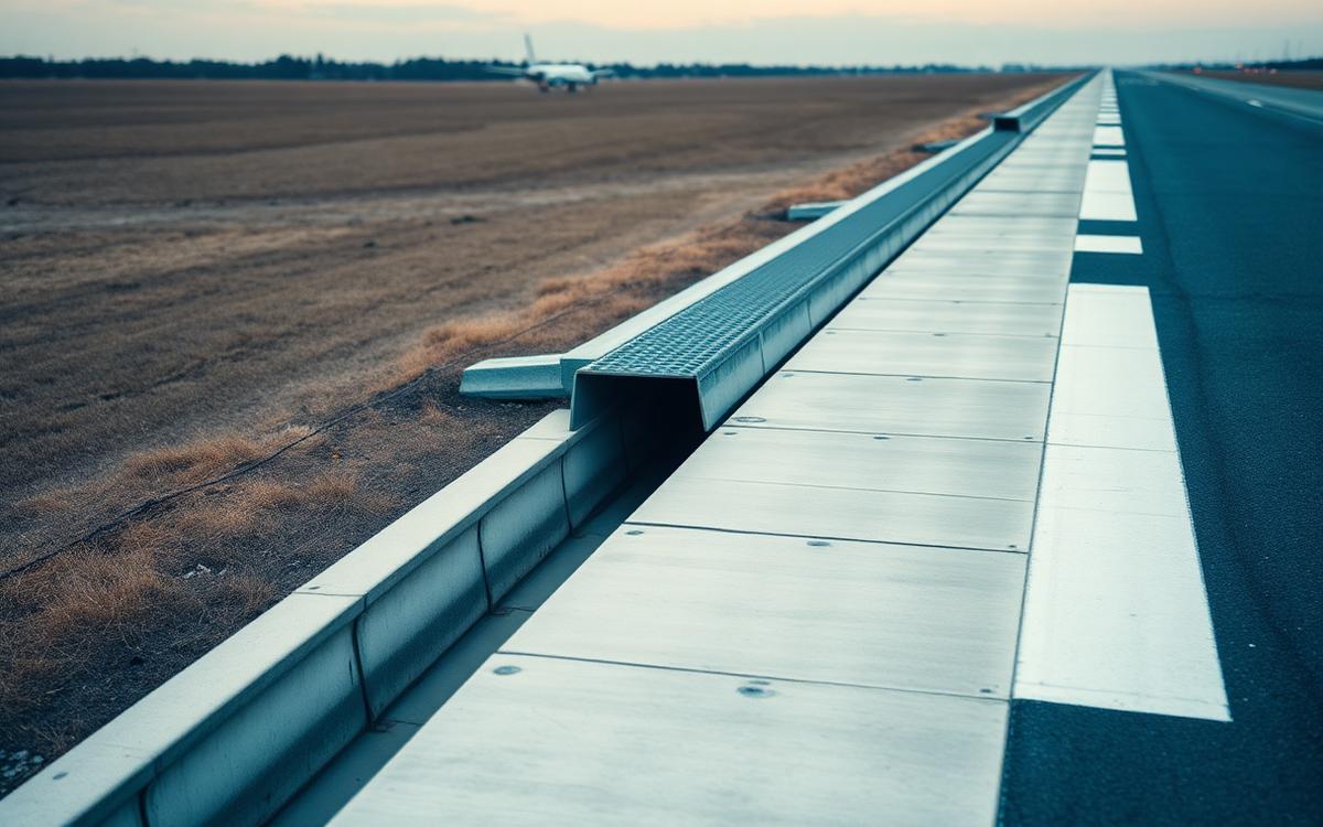 Sistema de drenaje aeroportuario con canaletas y colectores junto a la pista