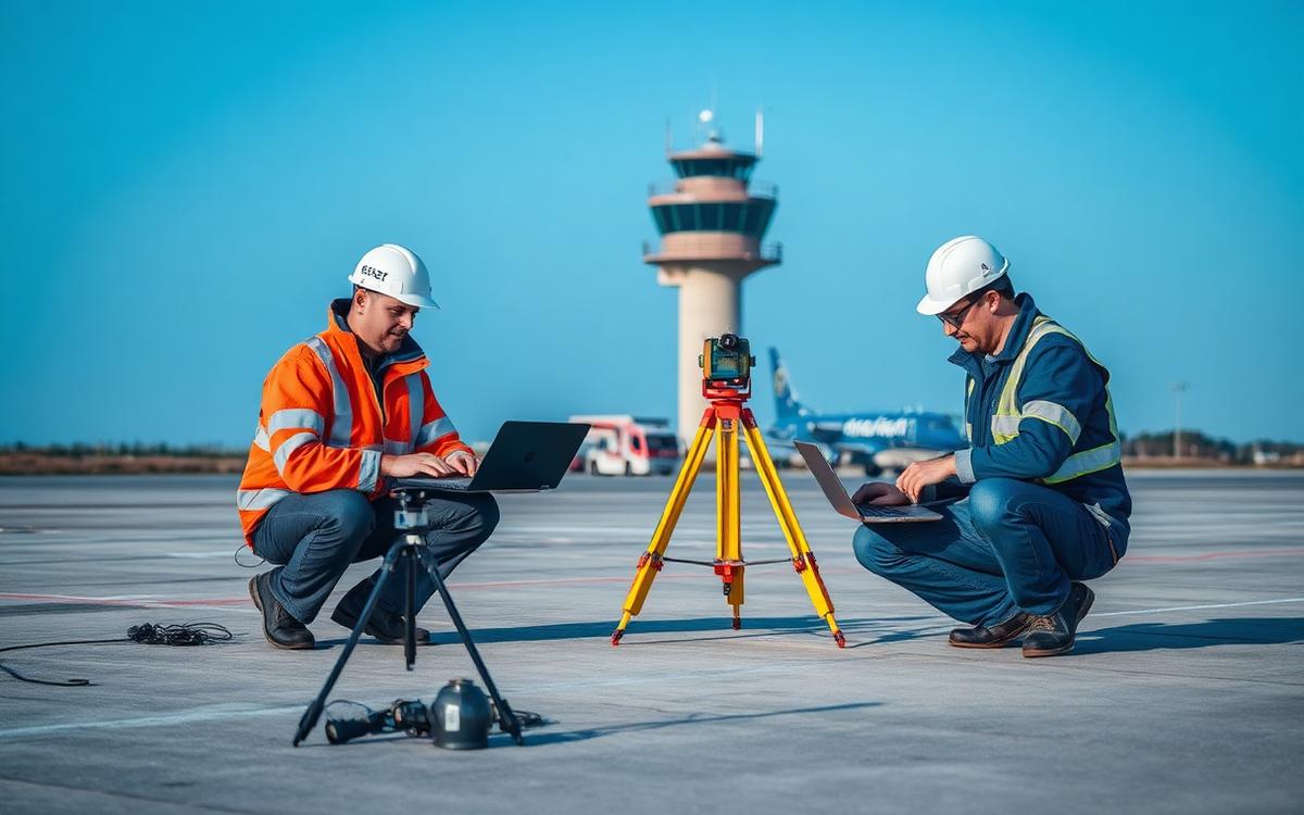 Equipo de ingeniería realizando ensayos sísmicos y de suelos en terreno aeroportuario