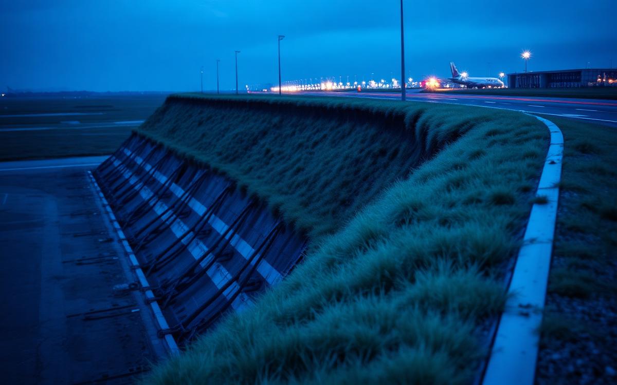 Talud y terraplén junto a pista de aeropuerto con obras de protección