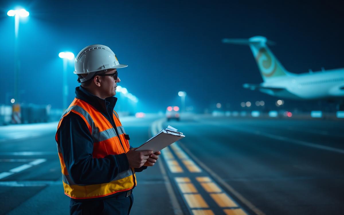 Inspector técnico revisando protocolos y ensayos de calidad en obra de aeropuerto