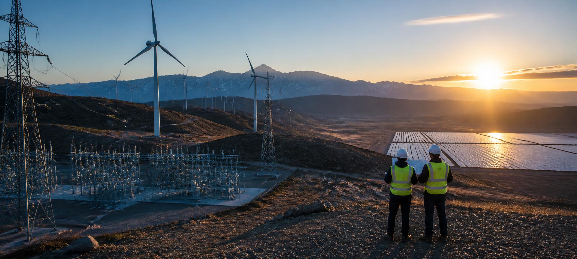 Subestación de alta tensión, parque eólico y planta fotovoltaica con equipo multidisciplinario de ingeniería revisando el diseño