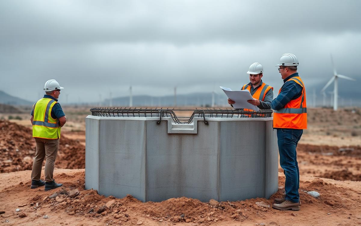 Fundación de aerogenerador en construcción con armadura y parque eólico de fondo