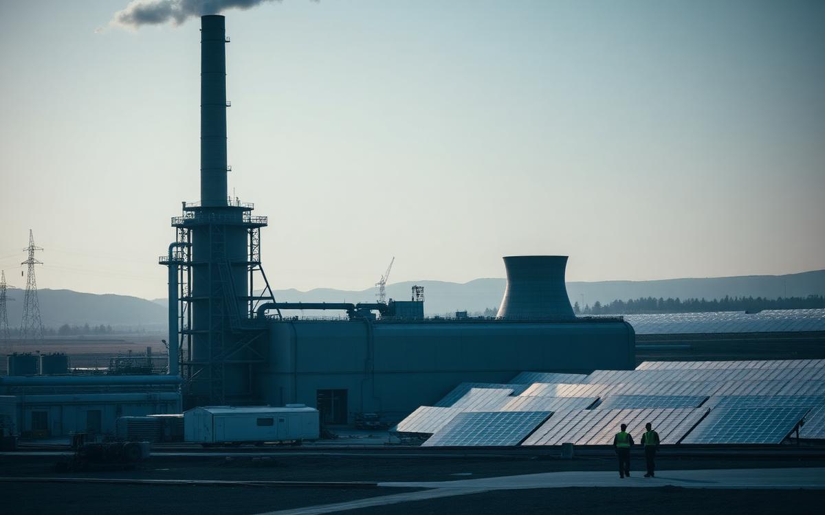 Central termoeléctrica con chimenea, torre de enfriamiento y campo solar