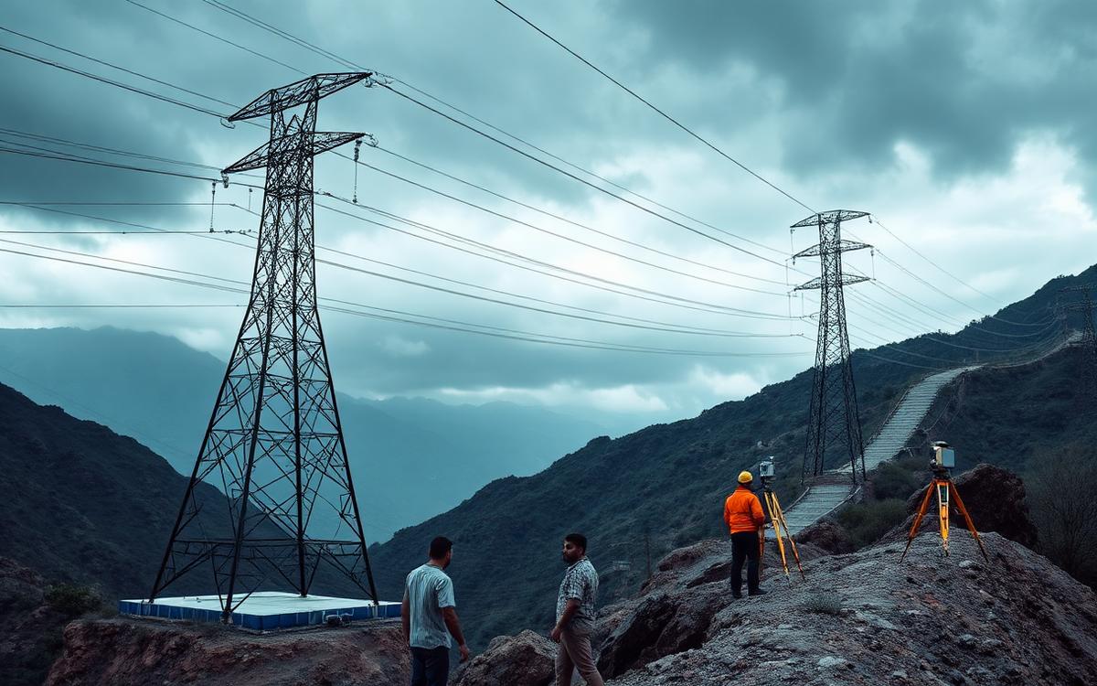 Torres de líneas de transmisión de alta tensión en terreno montañoso
