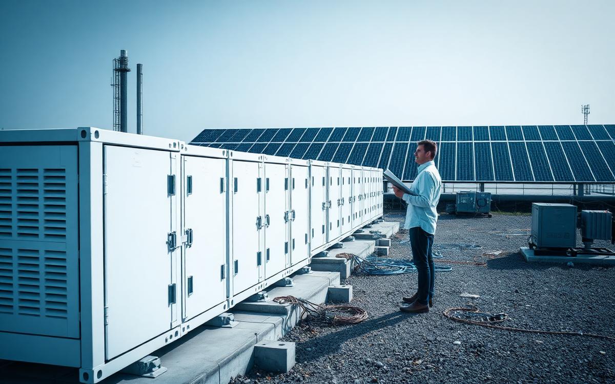 Contenedores de baterías BESS sobre losas de fundación junto a planta solar