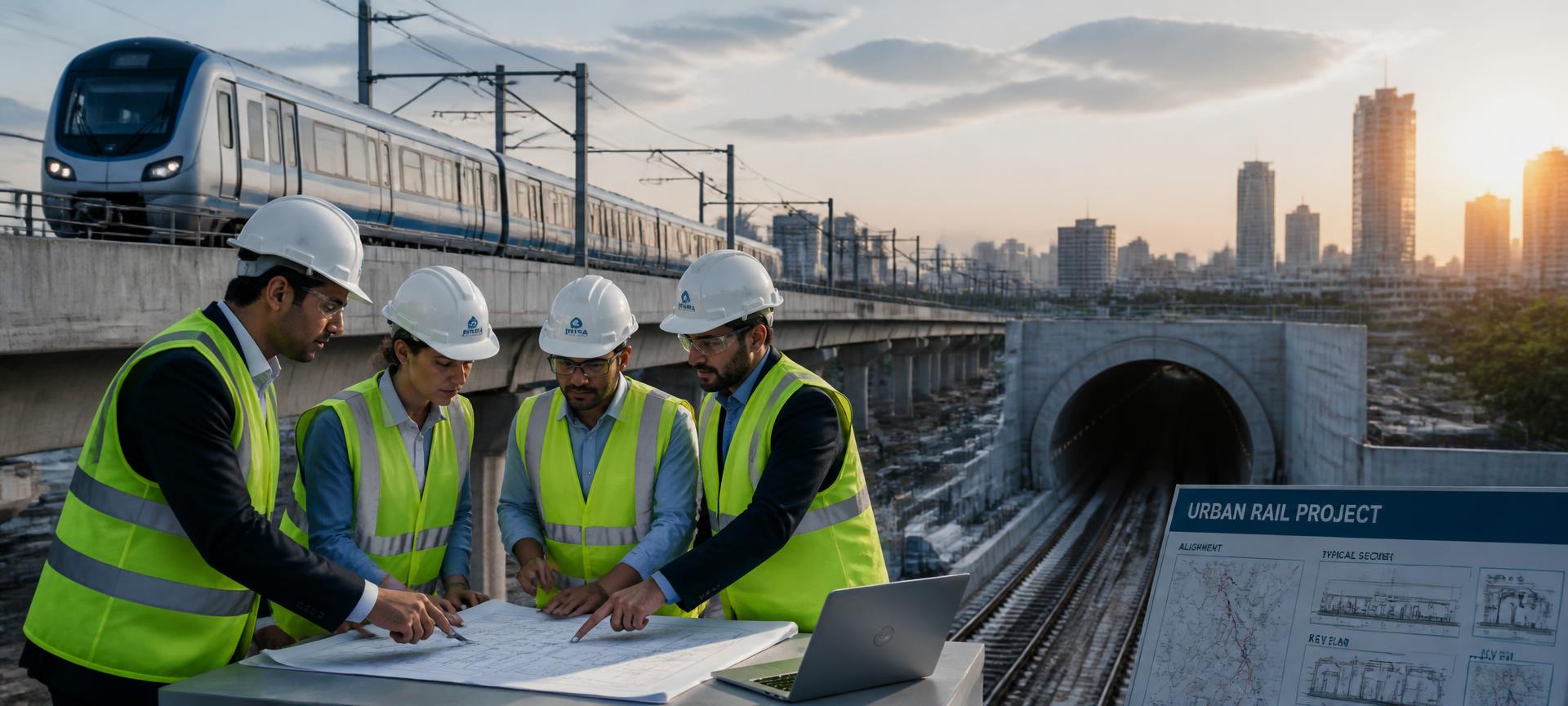 Viaducto ferroviario urbano con tren, portal de túnel y equipo multidisciplinario de ingeniería revisando planos