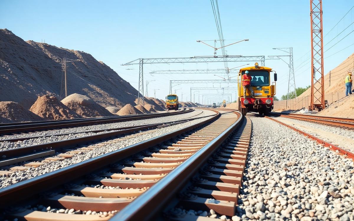 Construcción de vía férrea con balasto, durmientes y rieles en montaje