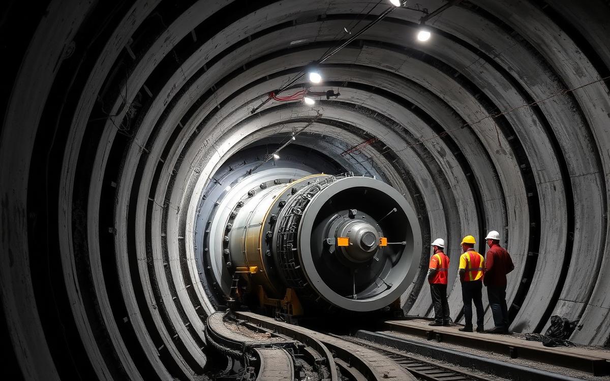 Túnel de metro en construcción con tuneladora y anillos de revestimiento de hormigón