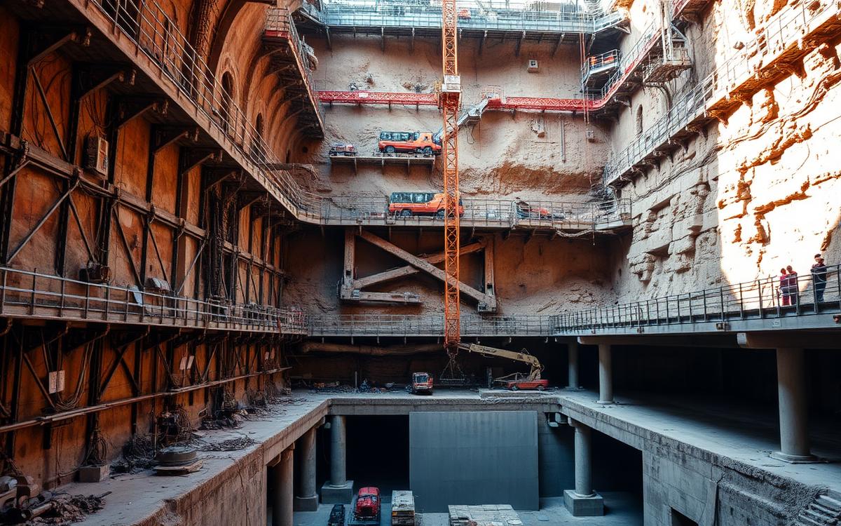 Excavación profunda de estación subterránea con entibaciones, puntales y anclajes
