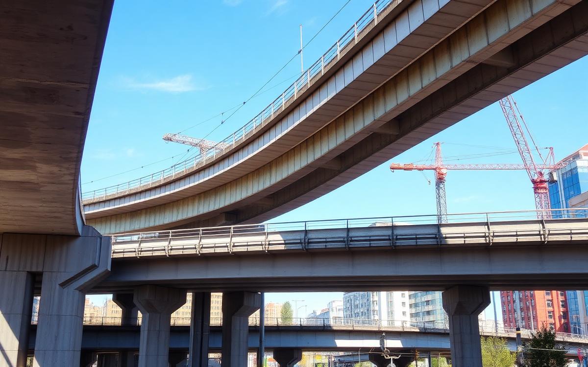 Viaducto ferroviario de hormigón con vigas prefabricadas sobre paso urbano