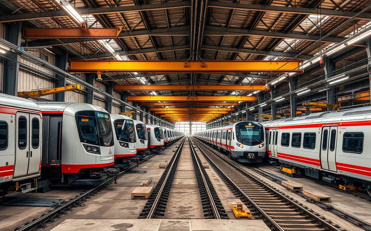 Interior de taller de mantención de trenes con fosos y puente grúa