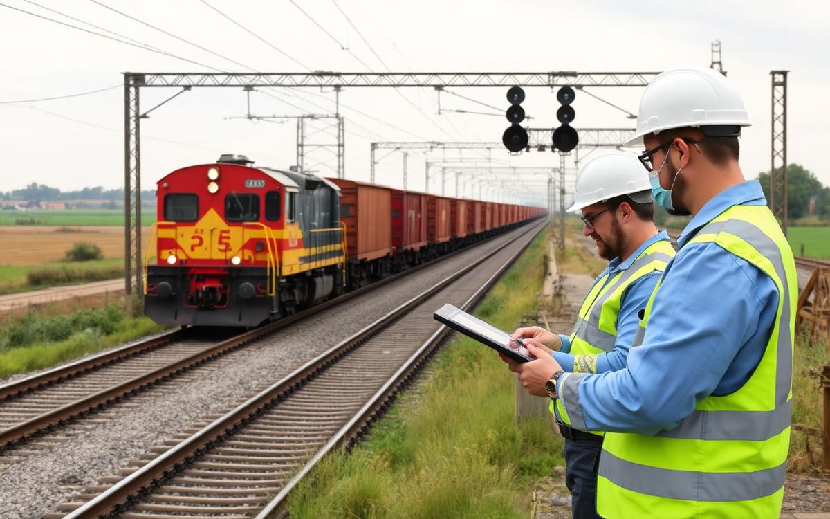 Corredor ferroviario de carga con tren y equipo de inspección revisando activos