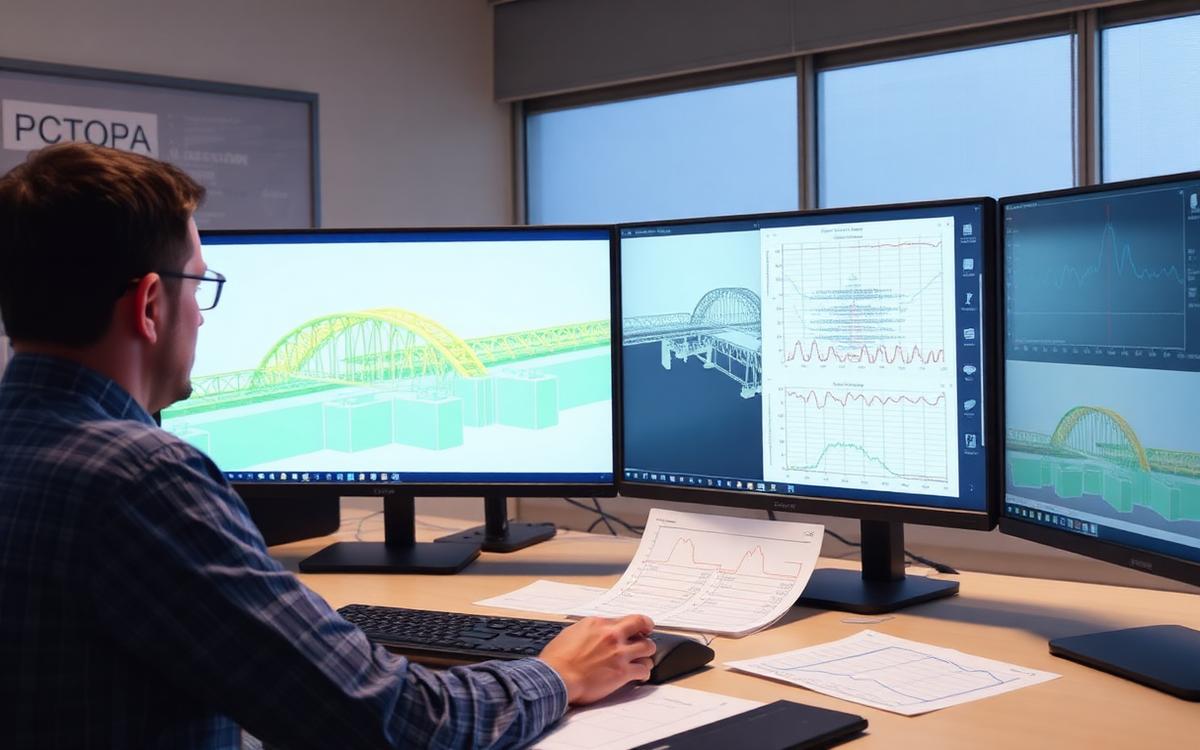 Modelo estructural 3D de viaducto ferroviario y análisis de espectros sísmicos en pantalla