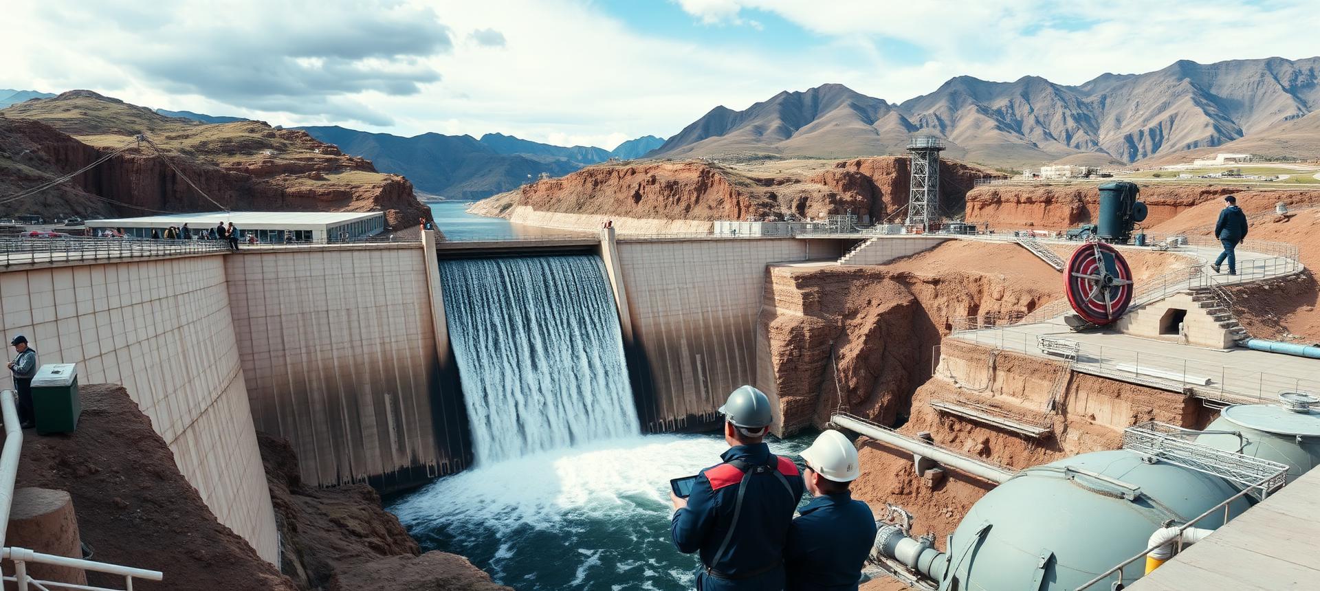Presa de hormigón con vertedero en operación, embalse y planta de tratamiento con ingenieros inspeccionando instrumentación