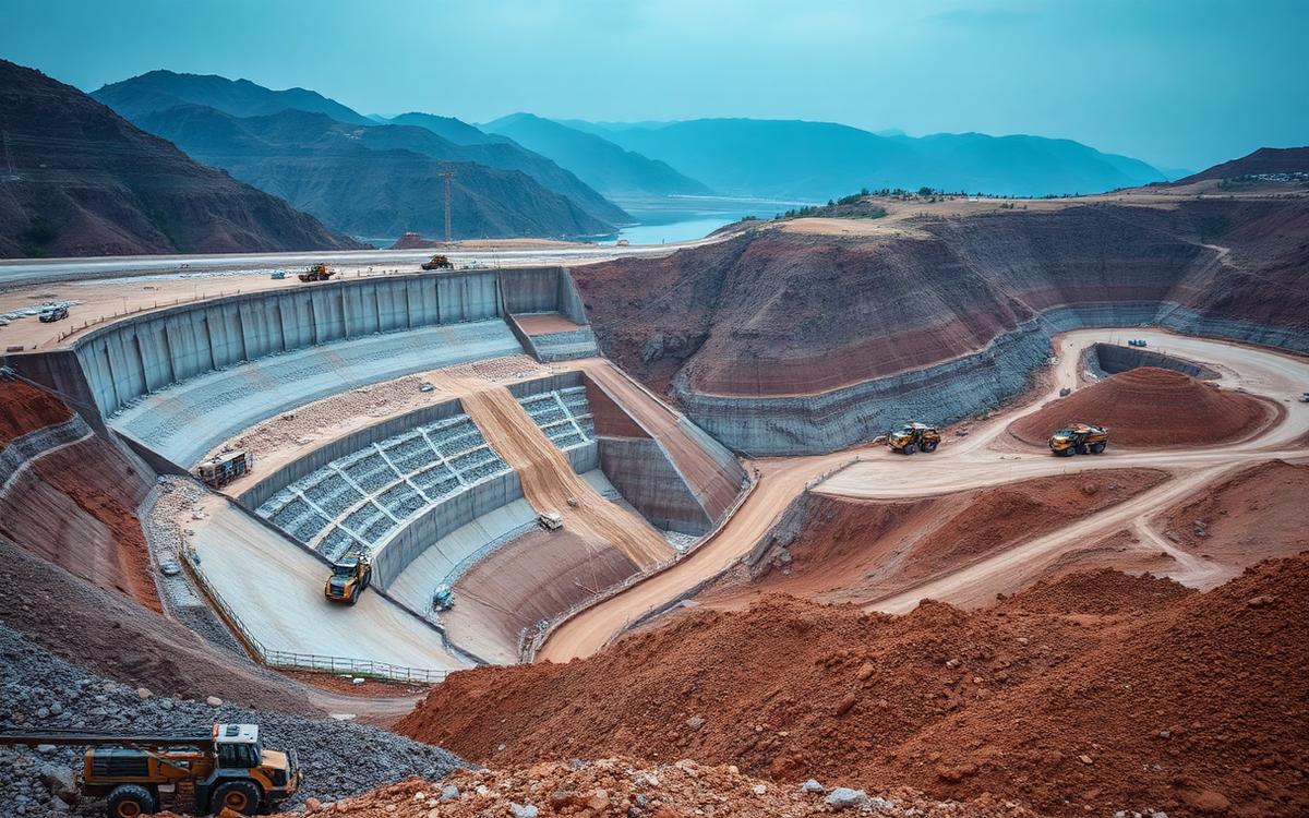 Presa de tierra y enrocado en construcción con maquinaria colocando espaldón