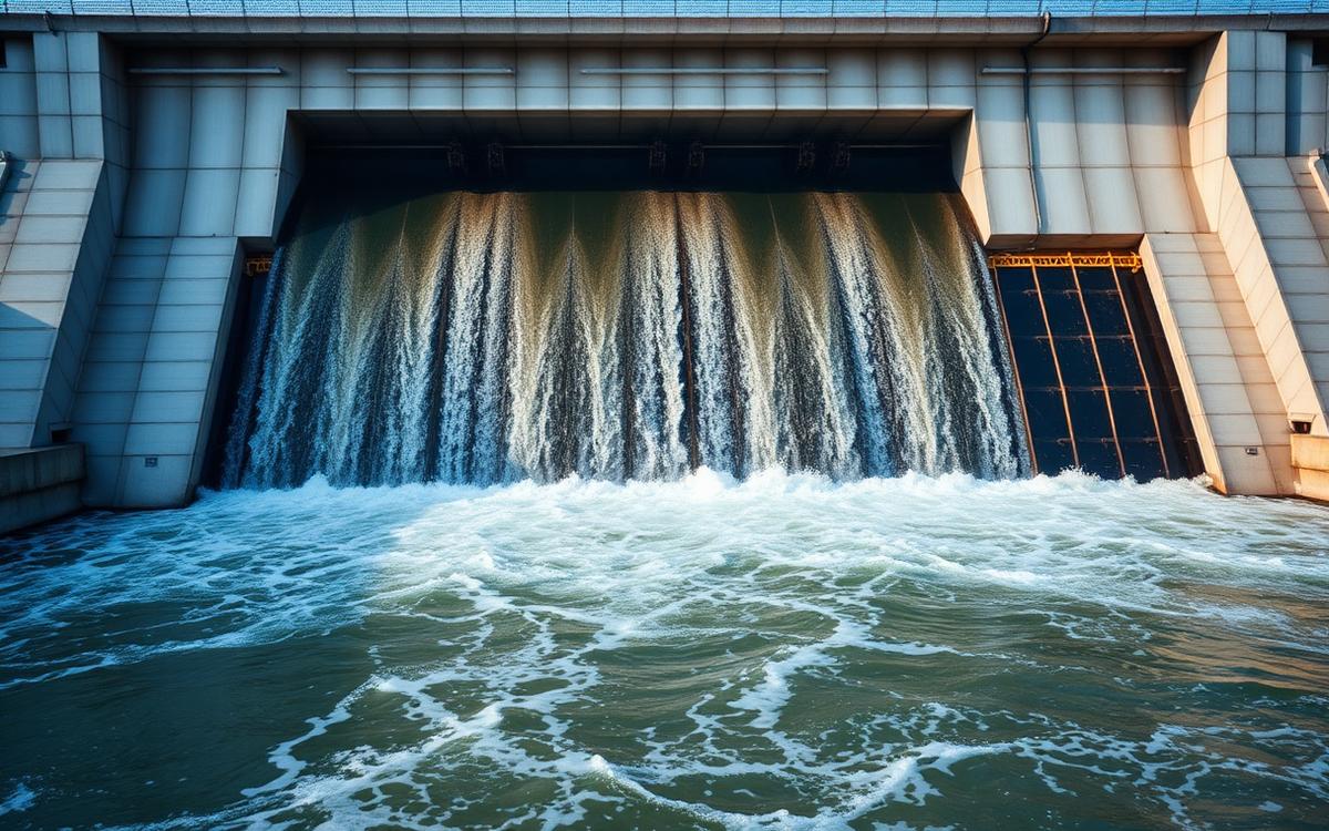 Vertedero de hormigón de una presa descargando agua con compuertas