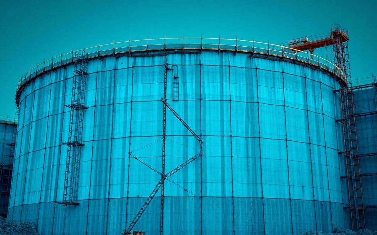 Estanque de agua potable de hormigón armado en construcción con armadura de muros