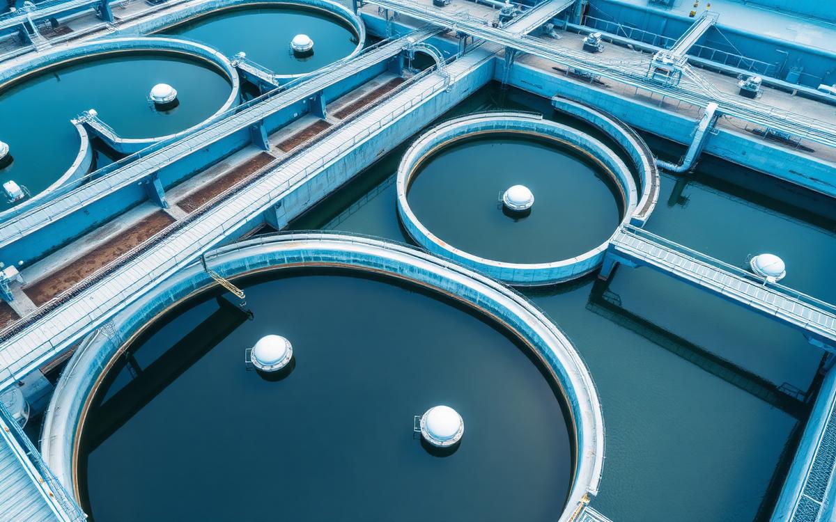 Planta de tratamiento de aguas con clarificadores circulares y pasarelas