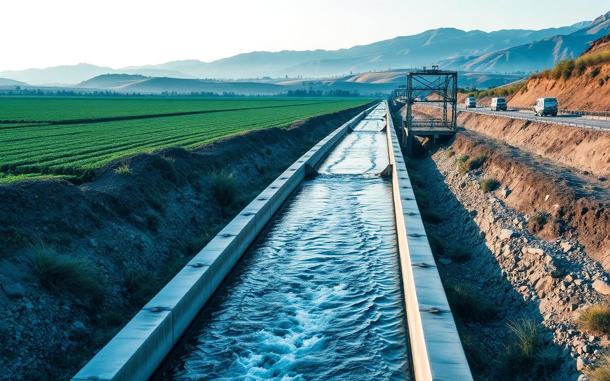 Canal de hormigón revestido conduciendo agua en zona agrícola