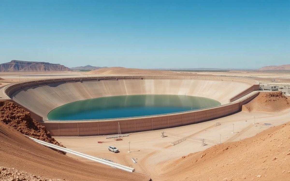 Depósito de relaves con muro perimetral y laguna de aguas claras