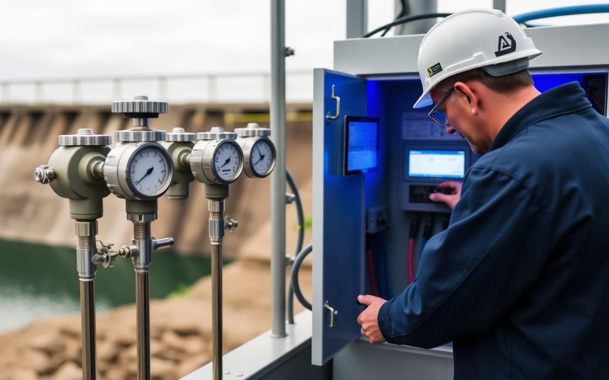 Panel de instrumentación y piezómetros instalados en la corona de una presa