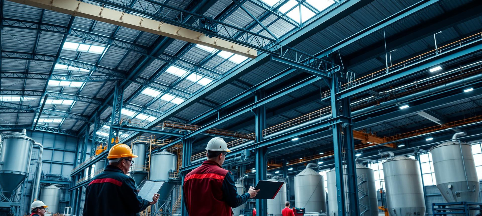 Planta industrial moderna con naves de acero, estanques y racks de piping, ingenieros revisando planos