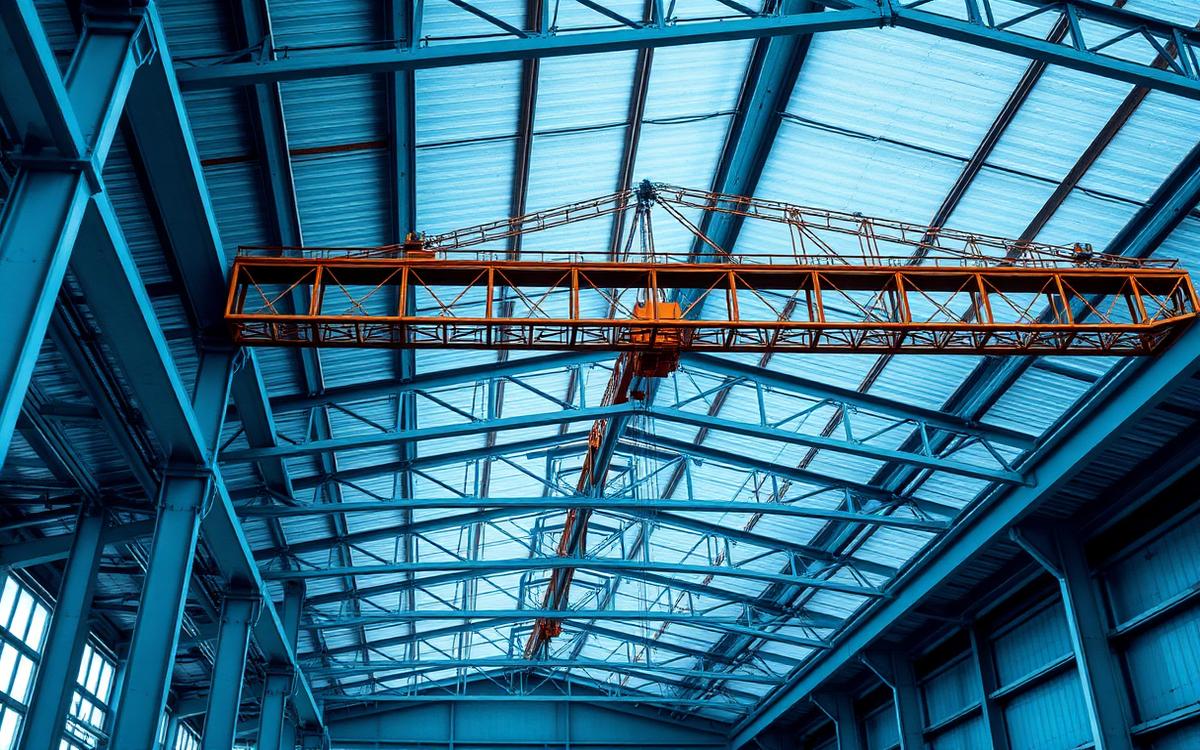 Nave industrial de estructura metálica en construcción con puente grúa