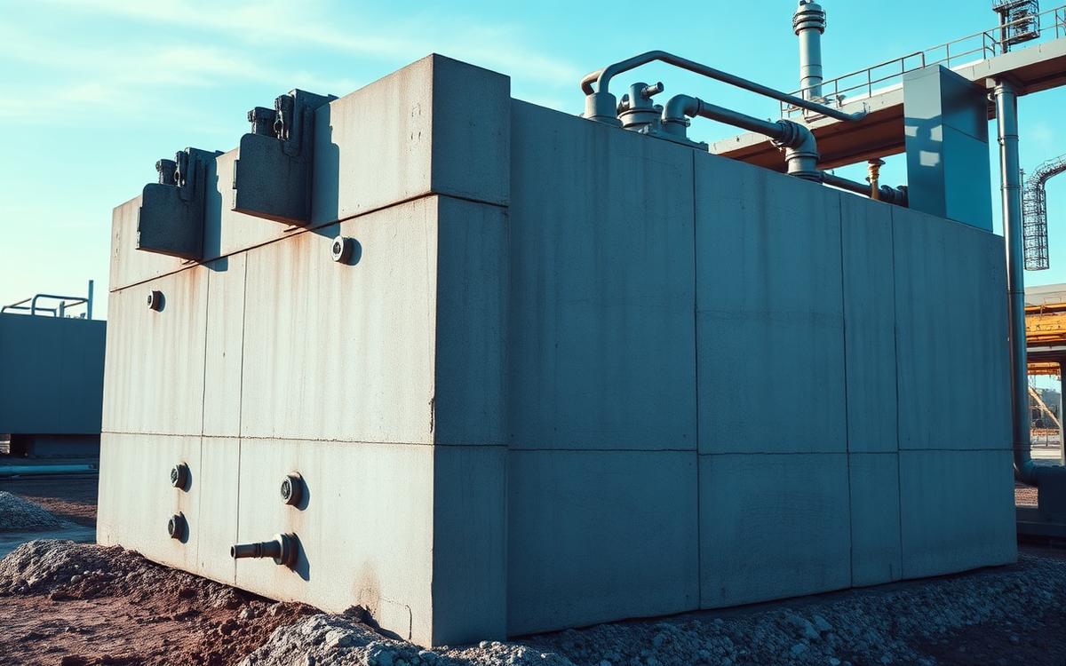 Fundación de hormigón para compresor industrial con anclajes y armadura