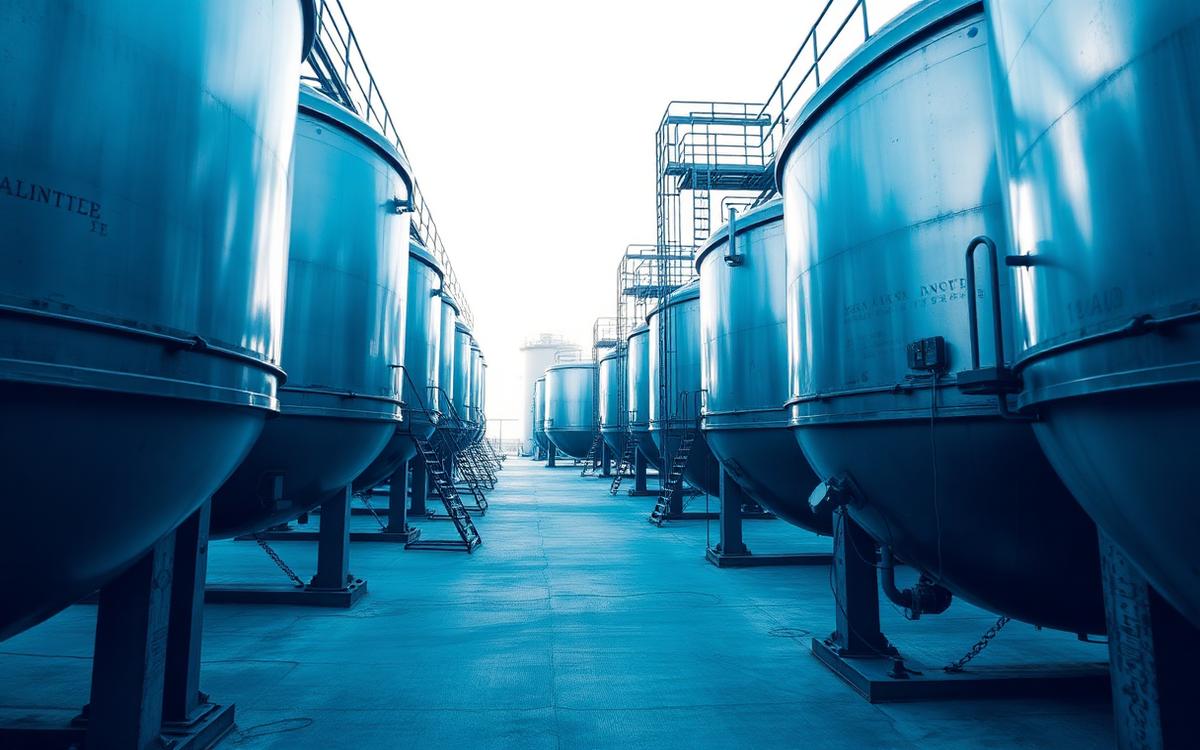 Estanques industriales de acero con anillos de anclaje y escaleras