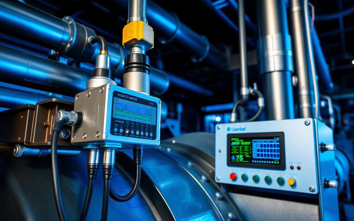 Sensores de vibración y monitoreo estructural instalados en planta industrial