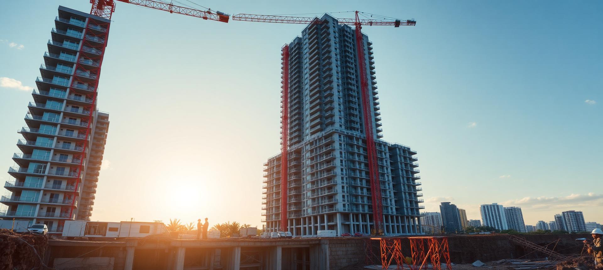 Edificio residencial en altura en construcción con grúa torre y excavación con entibación urbana