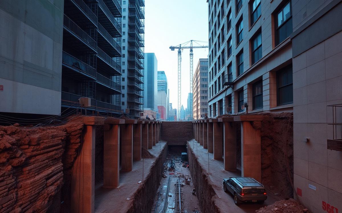 Excavación urbana profunda con muros anclados y pilas entre edificios