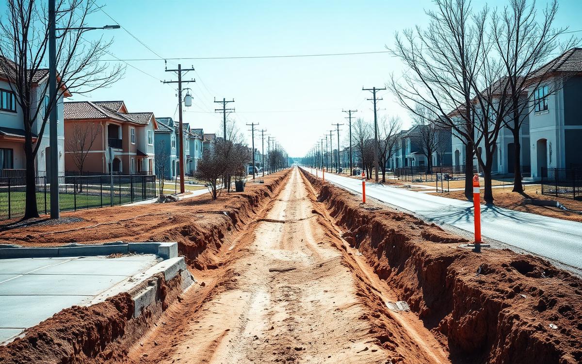 Obras de urbanización de un loteo con calles, veredas y redes en ejecución