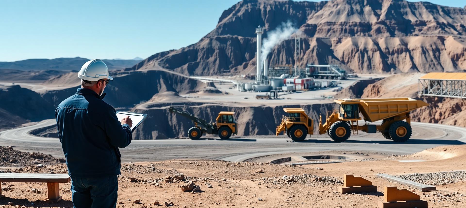 Faena minera de rajo abierto con planta concentradora y equipo de ingenieros revisando planos