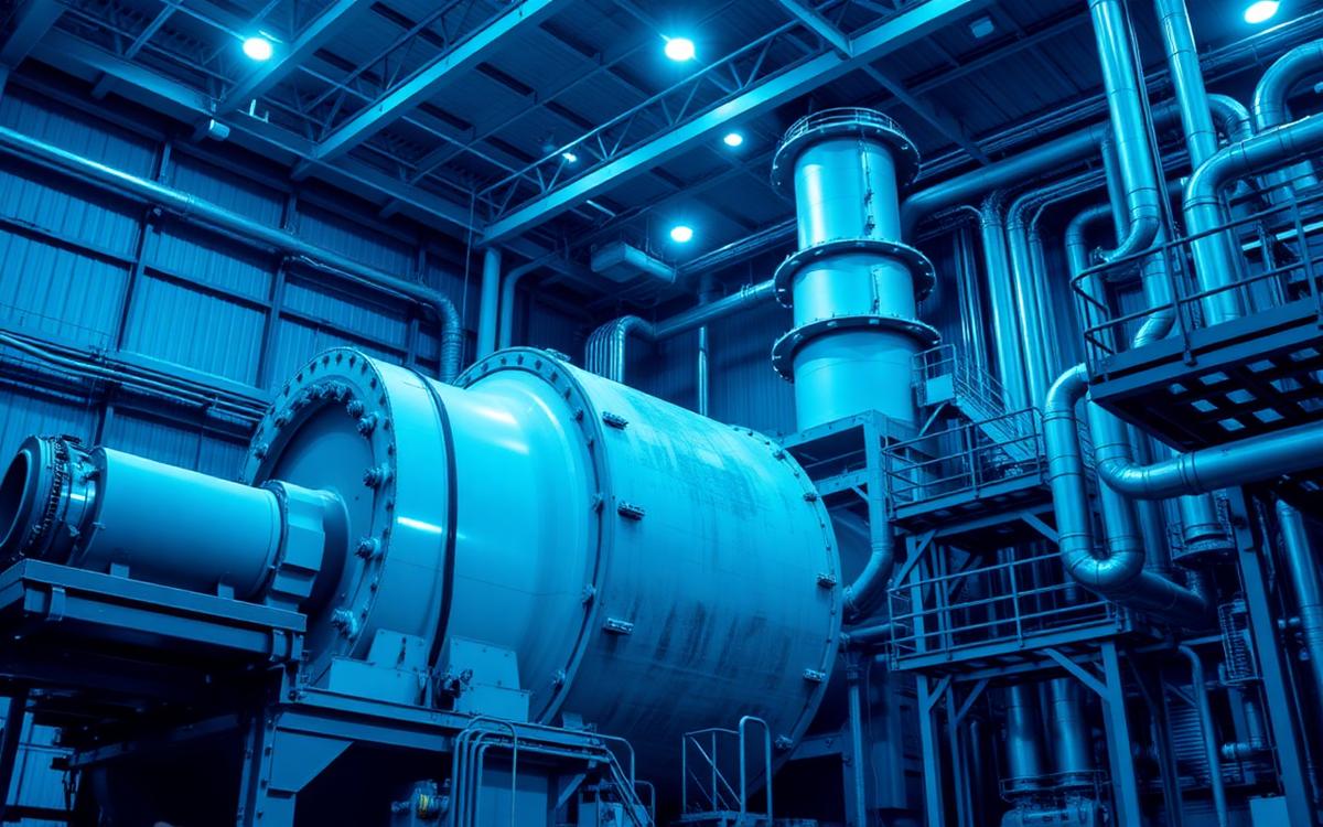 Planta concentradora minera con molinos SAG y estructuras de acero