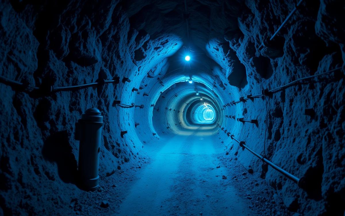Túnel minero subterráneo con sostenimiento de pernos y shotcrete