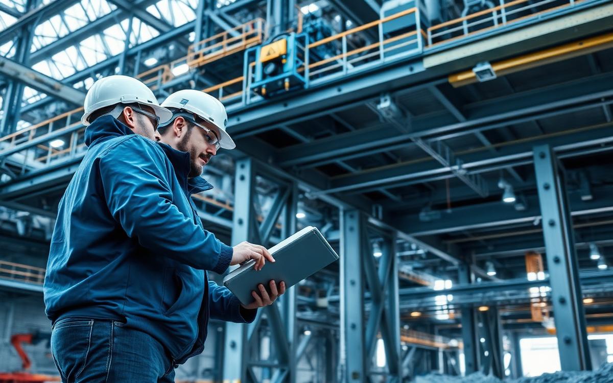 Inspección estructural de nave industrial minera con equipo de ingenieros y ensayos