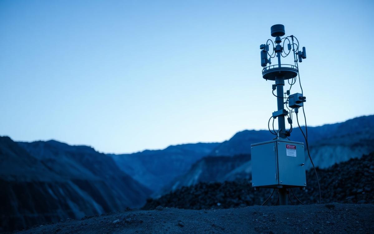 Estación de monitoreo geotécnico con radar de taludes y sensores en faena minera