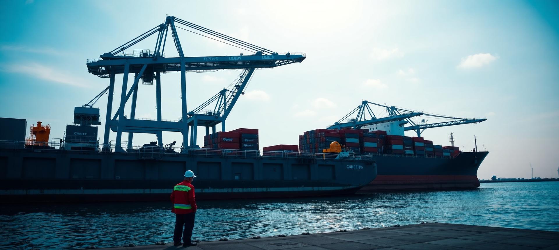 Terminal portuario con grúas pórtico, muelle de hormigón y buque atracado, ingenieros revisando planos
