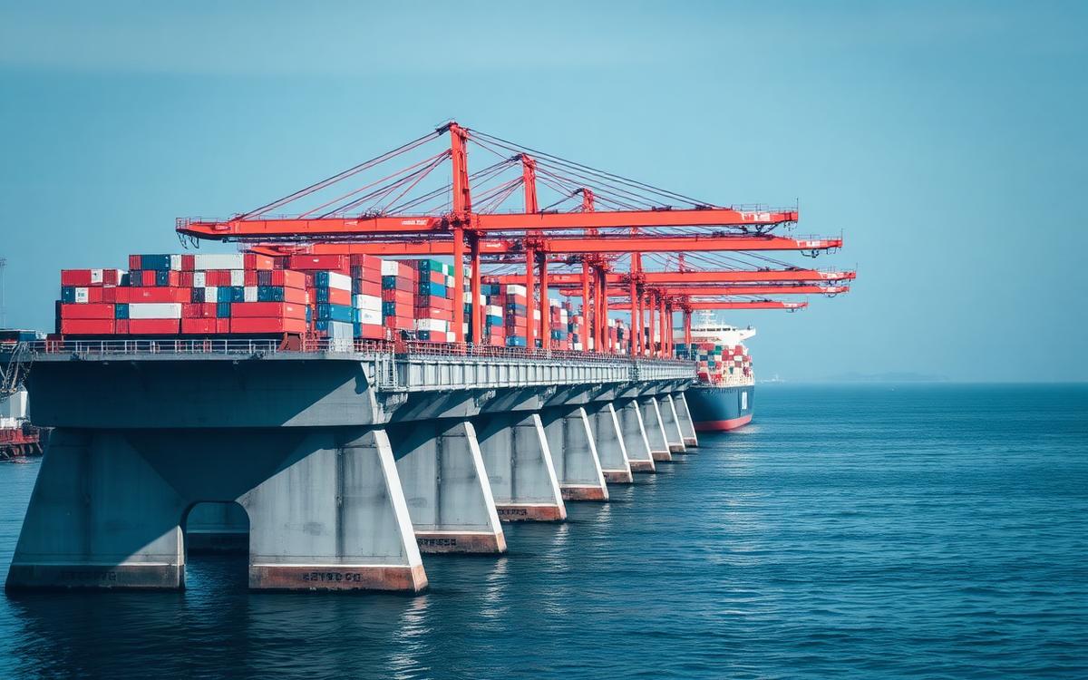 Muelle de hormigón sobre pilotes con grúas pórtico y buque portacontenedores atracado