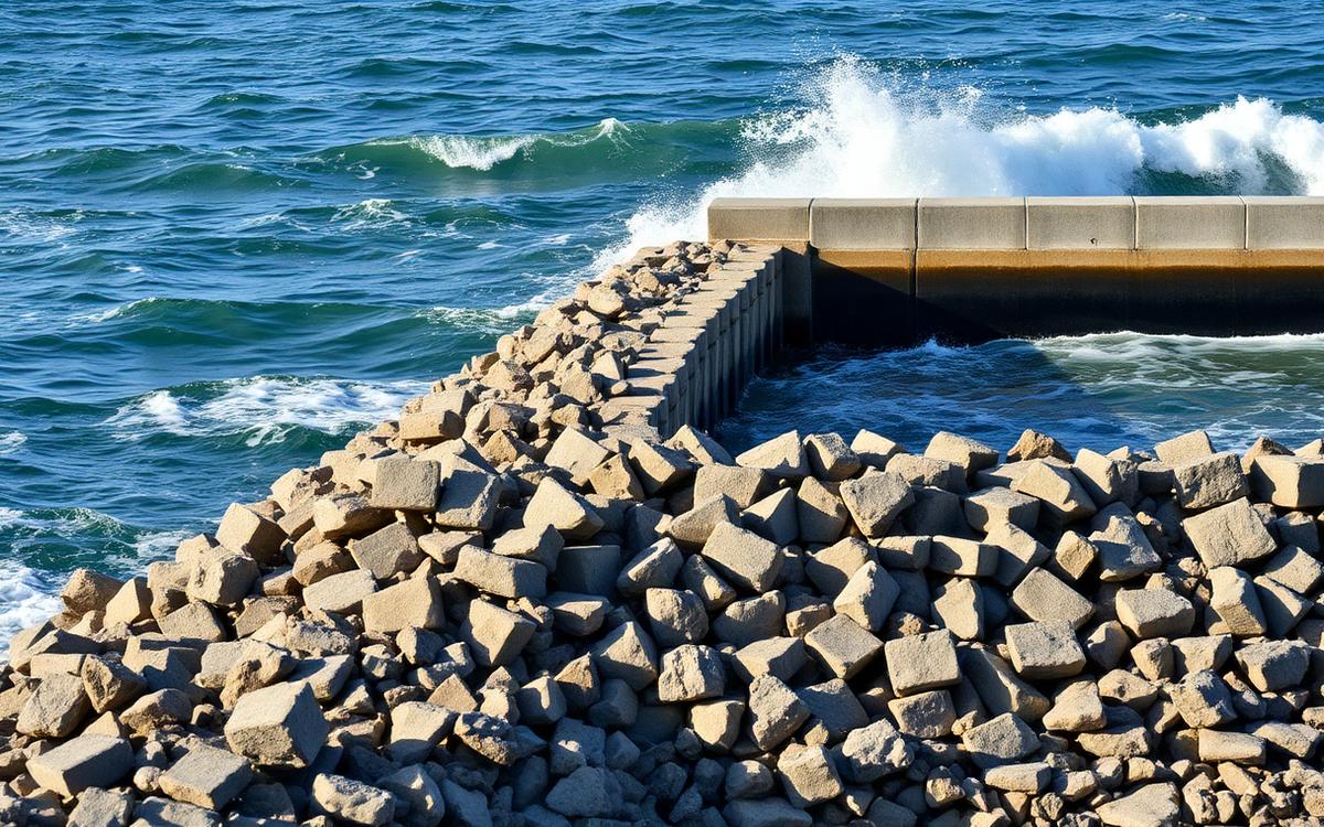 Rompeolas de enrocado con bloques de hormigón recibiendo el impacto del oleaje