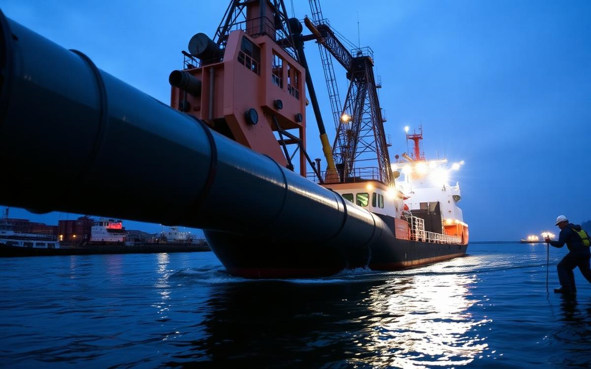Draga de succión trabajando en la dársena de un puerto