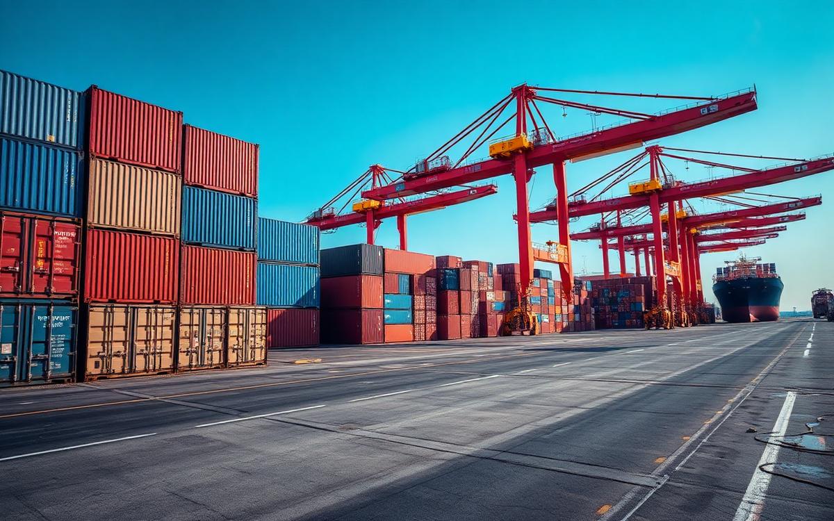 Patio de contenedores portuario con pavimento pesado y grúas RTG