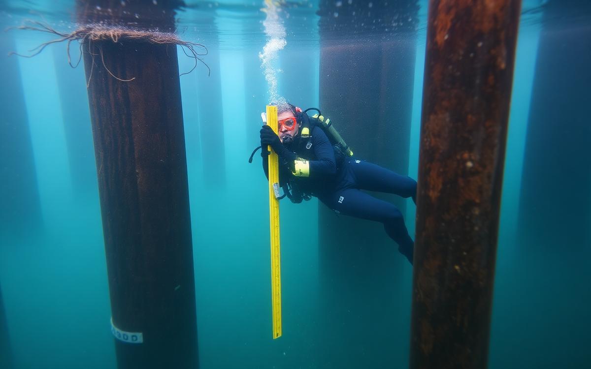 Inspección subacuática de pilotes de muelle por buzo con equipo de medición
