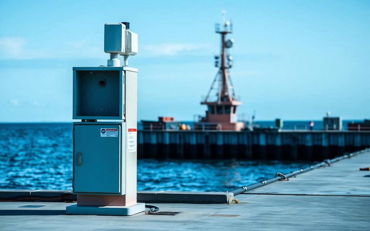 Boya oceanográfica y sensores de monitoreo instalados junto a un muelle
