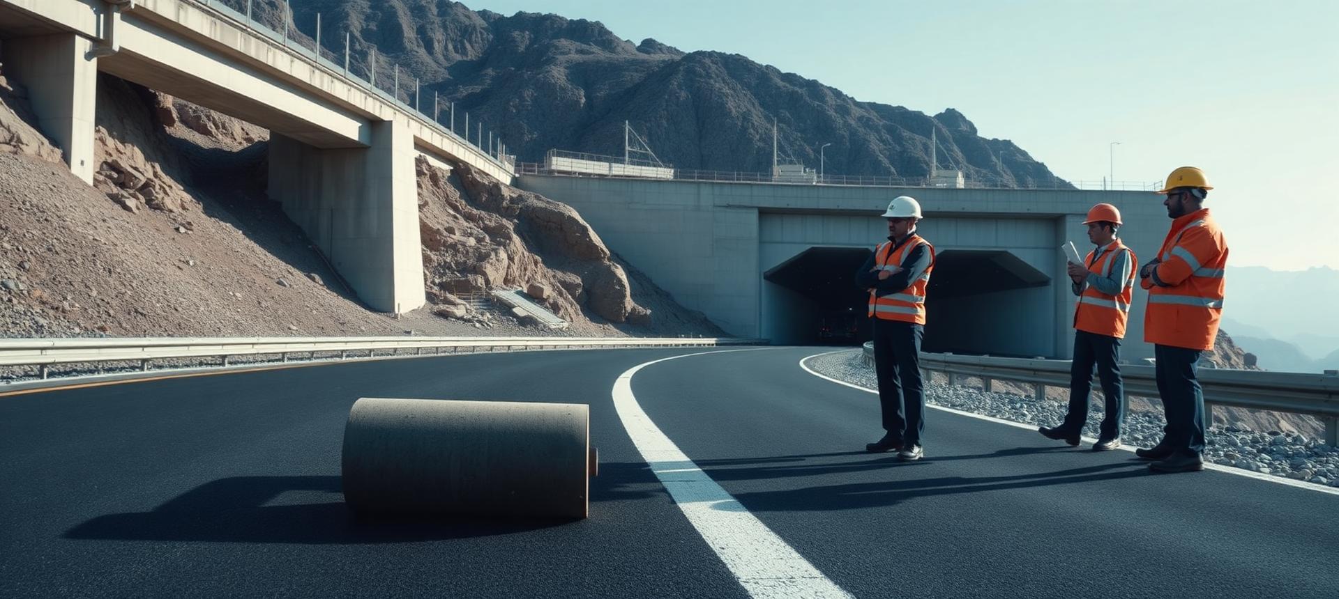 Autopista nueva en construcción con viaducto de hormigón, portal de túnel y equipo de ingeniería revisando planos